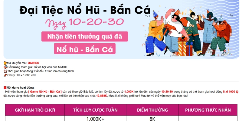 Khuyến Mãi MMOO - Cập Nhật Quy Định Chương Trình Năm 2026 5 Khuyến mãi MMOO đại tiệc nổ hũ - bắn cá