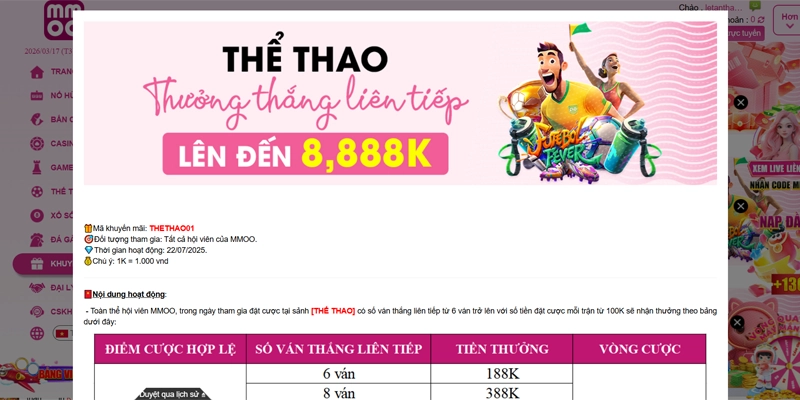 Khuyến Mãi MMOO - Cập Nhật Quy Định Chương Trình Năm 2026 6 Khuyến mãi MMOO thắng cược thể thao thưởng 8,888K